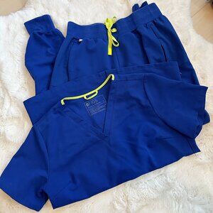 FIGS Women's Electric Blue Scrubs V-neck S top & XS Petite Cambridge joggers